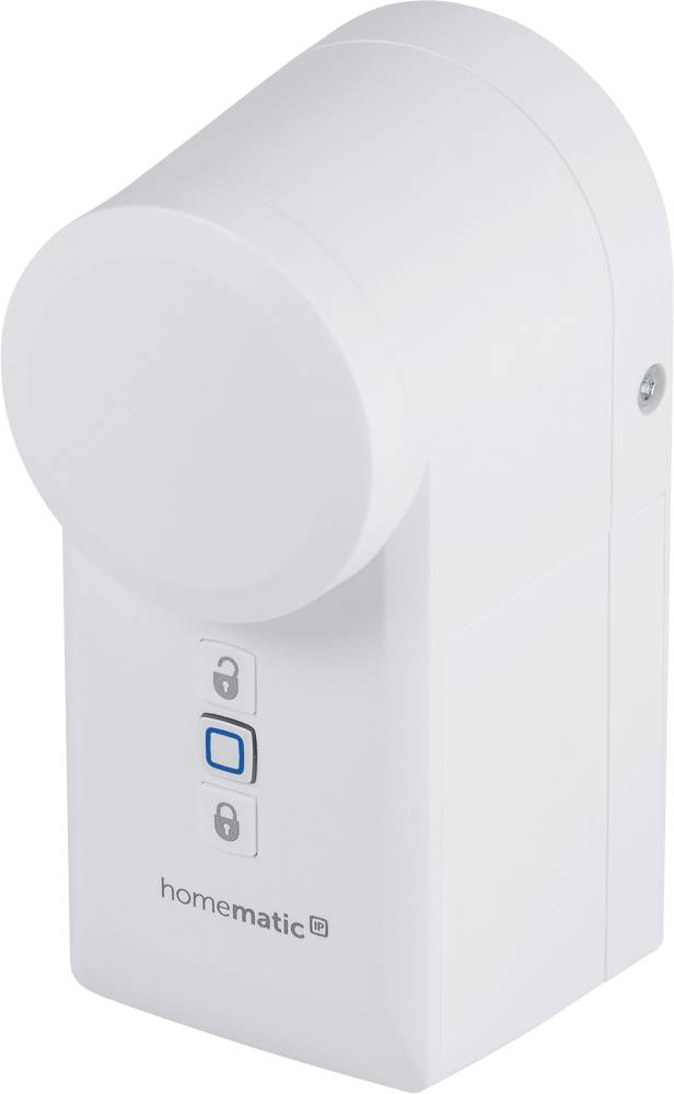 Un termostato per radiatore bianco e cilindrico di Homematic IP con tre pulsanti sul lato frontale.