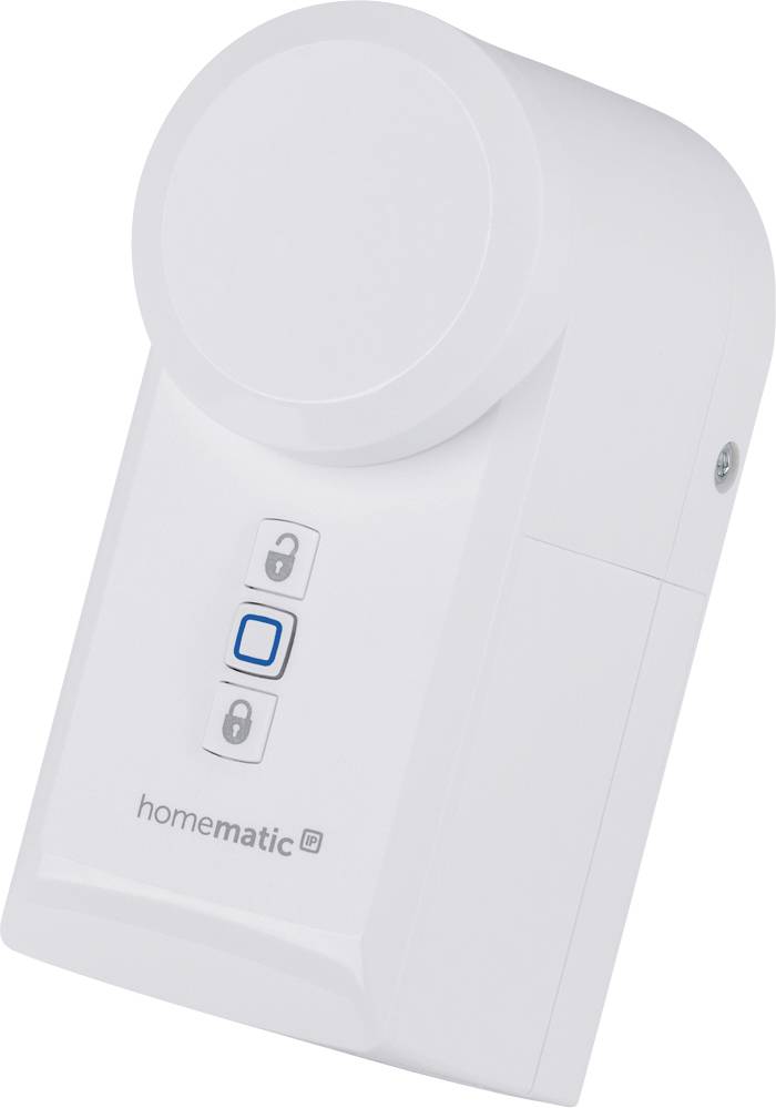 Un dispositivo smart home bianco, rettangolare, con tasti e un tasto centrale blu per il controllo di dispositivi o sistemi elettronici.