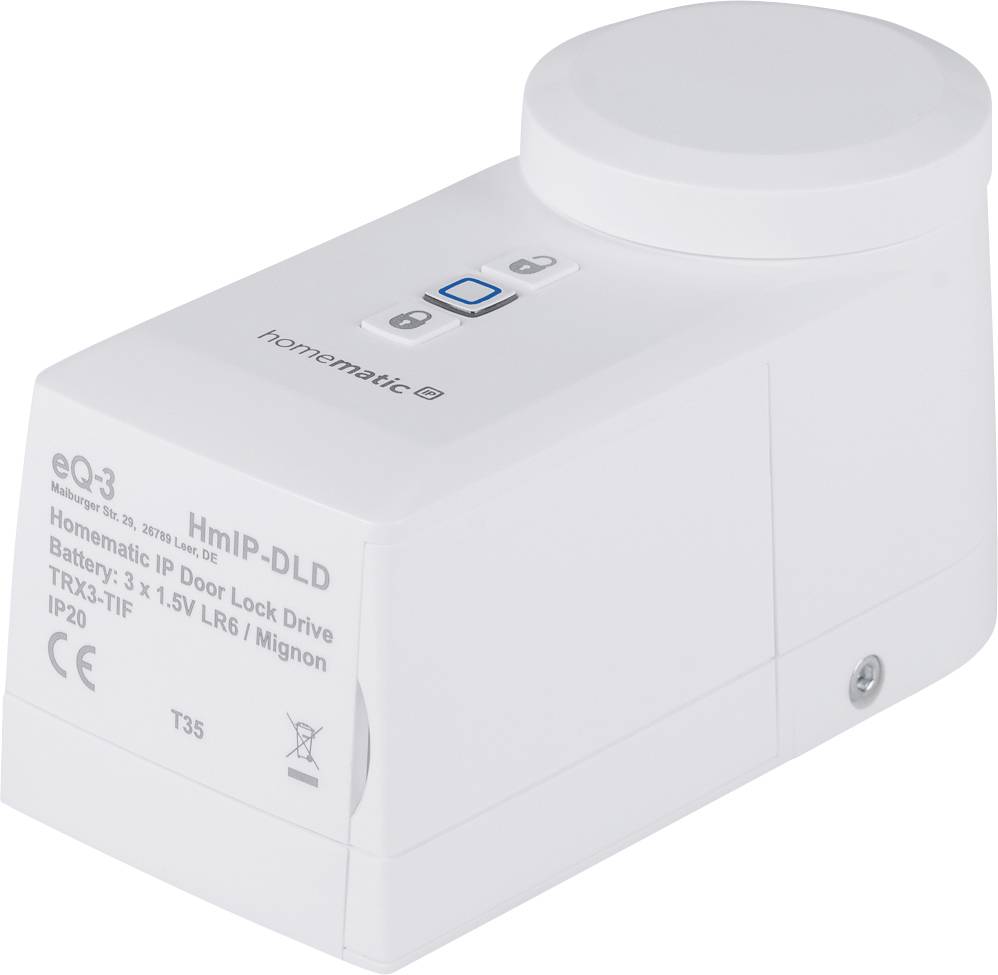 Un attuatore per serratura bianco e rettangolare con un tasto blu sulla parte superiore, su cui è stampato 'Homematic IP'.
