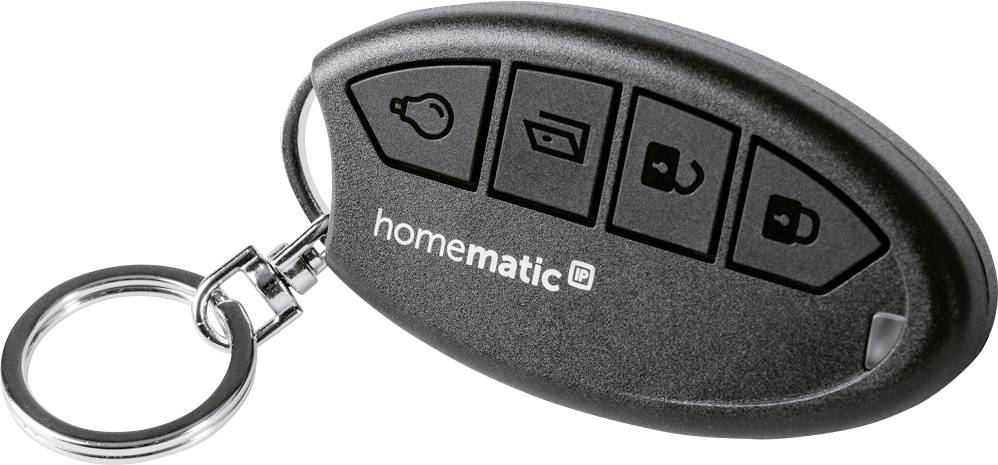 Portachiavi nero HomeMatic IP con quattro pulsanti, contrassegnati con simboli per luce, porta, lucchetto aperto e lucchetto chiuso.