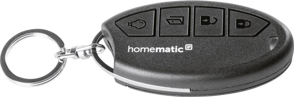 Telecomando nero con quattro tasti a simboli, tra cui una casa e un lucchetto, accanto al quale è scritto 'homematic IP'. Fissato a un portachiavi.