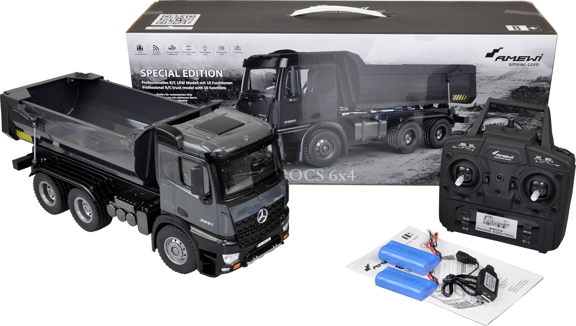 Camion ribaltabile giocattolo in scala 1:16 con telecomando, batterie e caricabatterie. Edizione speciale, confezionato nella scatola originale.