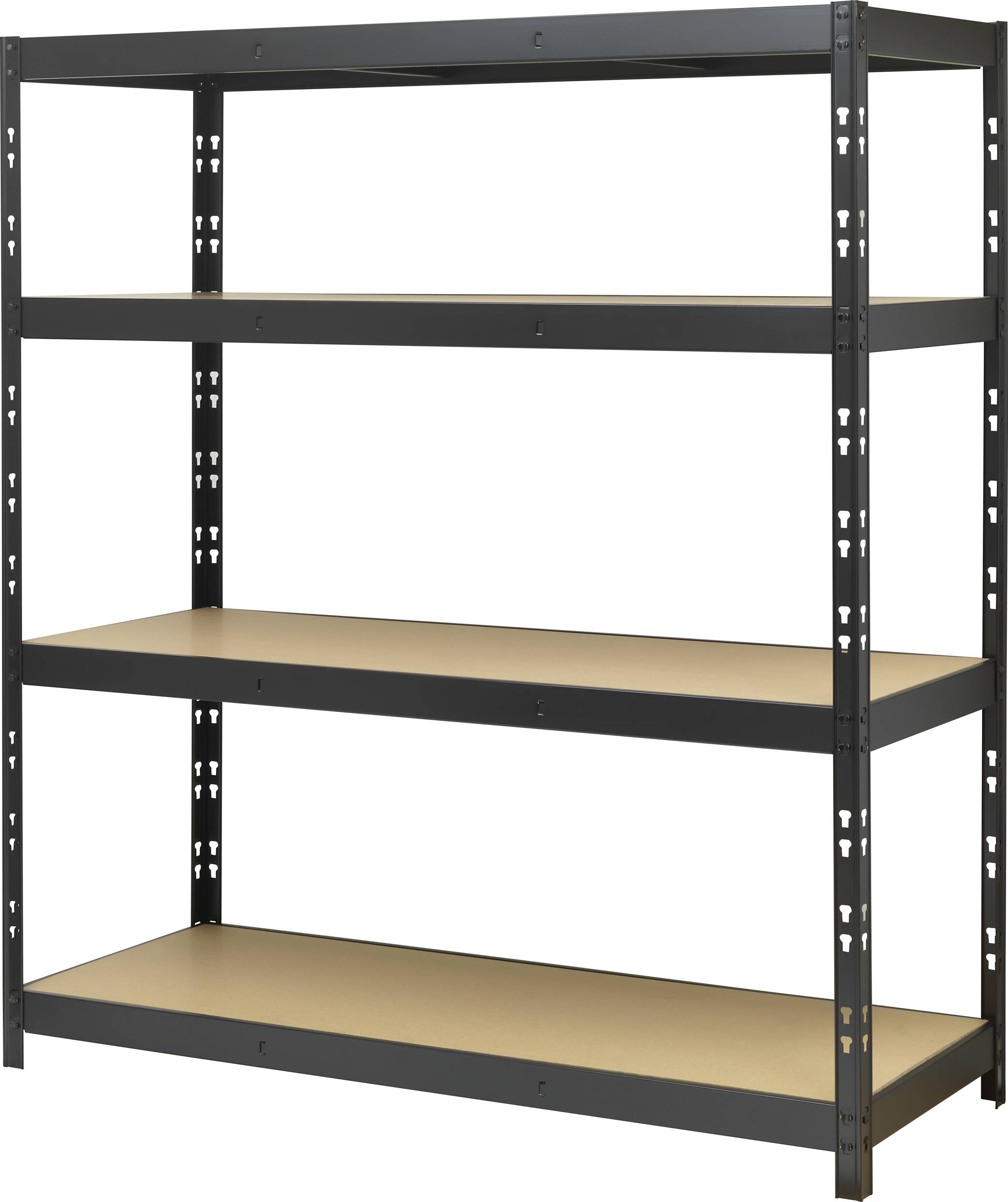 Scaffale in metallo con quattro ripiani, adatto per lo stoccaggio in ufficio o in officina. Struttura robusta in nero con ripiani in legno.