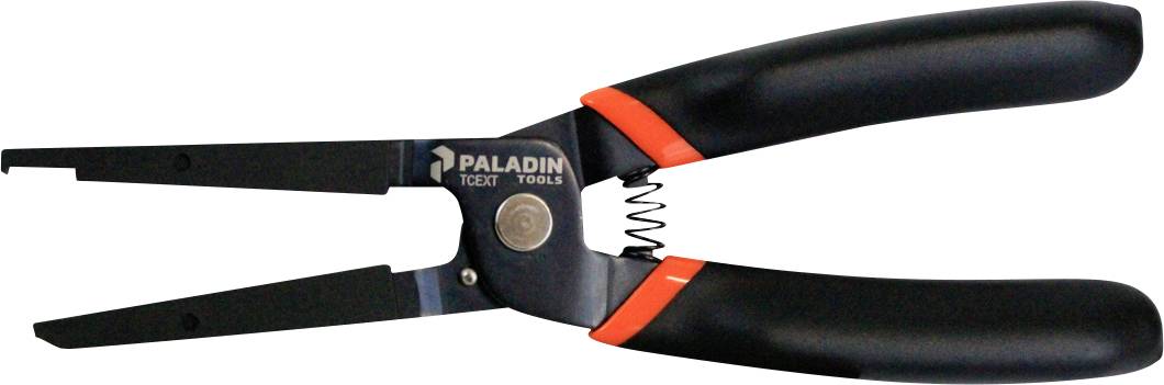 Pinza con manico nero e dettagli arancioni, raffigurata aperta. Adatta per la spellatura dei cavi, con il nome del marchio 'PALADIN' visibile.