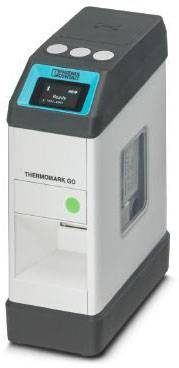 Un stampante termica con la scritta 'THERMOMARK GO'. La stampante ha uno schermo e diversi tasti nella parte superiore.