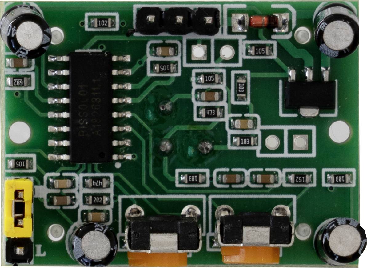 Circuito stampato verde con vari componenti neri, argentati e gialli, tra cui condensatori, un chip IC e resistenze.