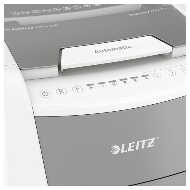 Un distruggidocumenti con la scritta 'Automatic' e del marchio 'Leitz', modello 'IQ Autofeed Office 300'.