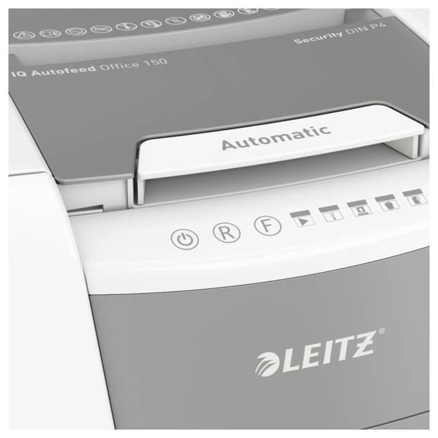 Una macchina distruggi-documenti grigia con la scritta 'Automatic' e 'LEITZ' provvede alla distruzione sicura dei documenti.