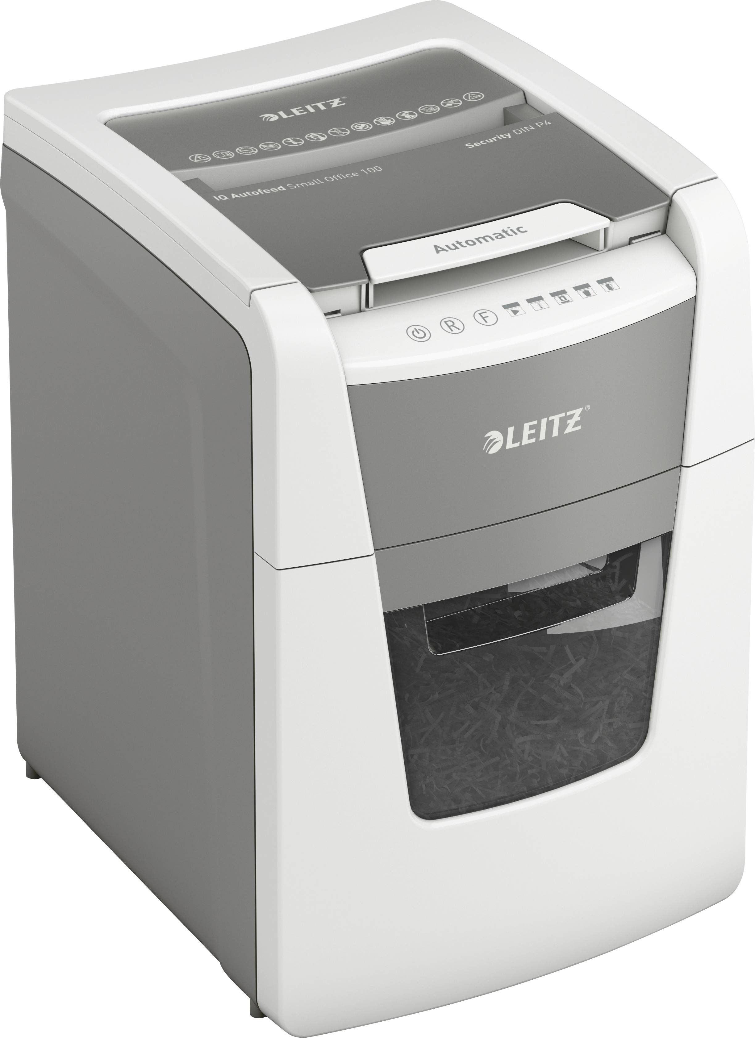 Un distruggidocumenti Leitz. Design moderno con colore grigio e bianco. Finestra trasparente che mostra il contenuto tritato.