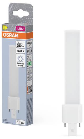 Confezione e lampadina LED OSRAM; 4W, 550 lm, bianco freddo 4000K, dimmerabile, attacco a spina G23.