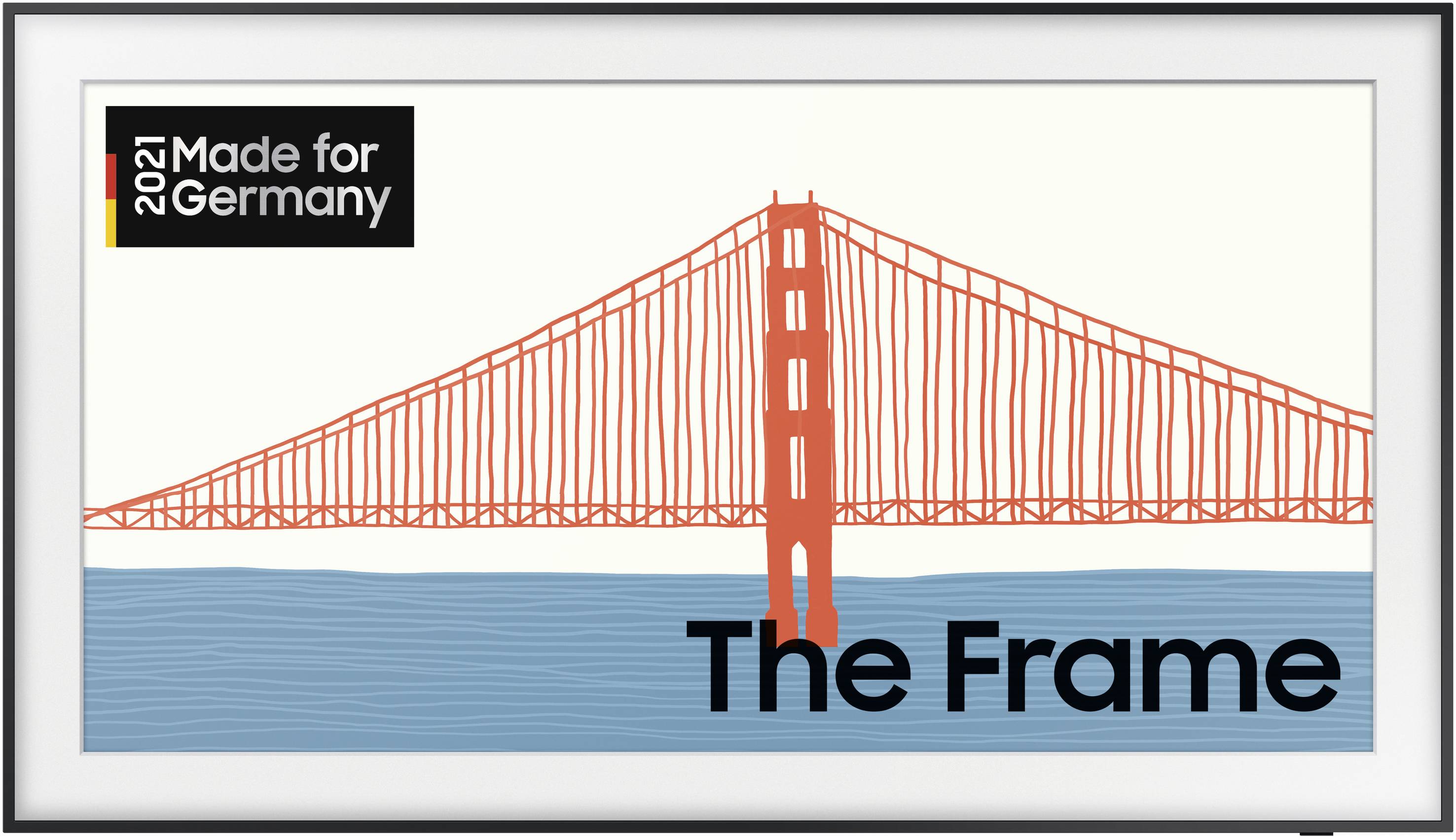 Un'immagine stilizzata del Golden Gate Bridge con la scritta 'The Frame'. In alto a sinistra un logo '2021 Made for Germany'.