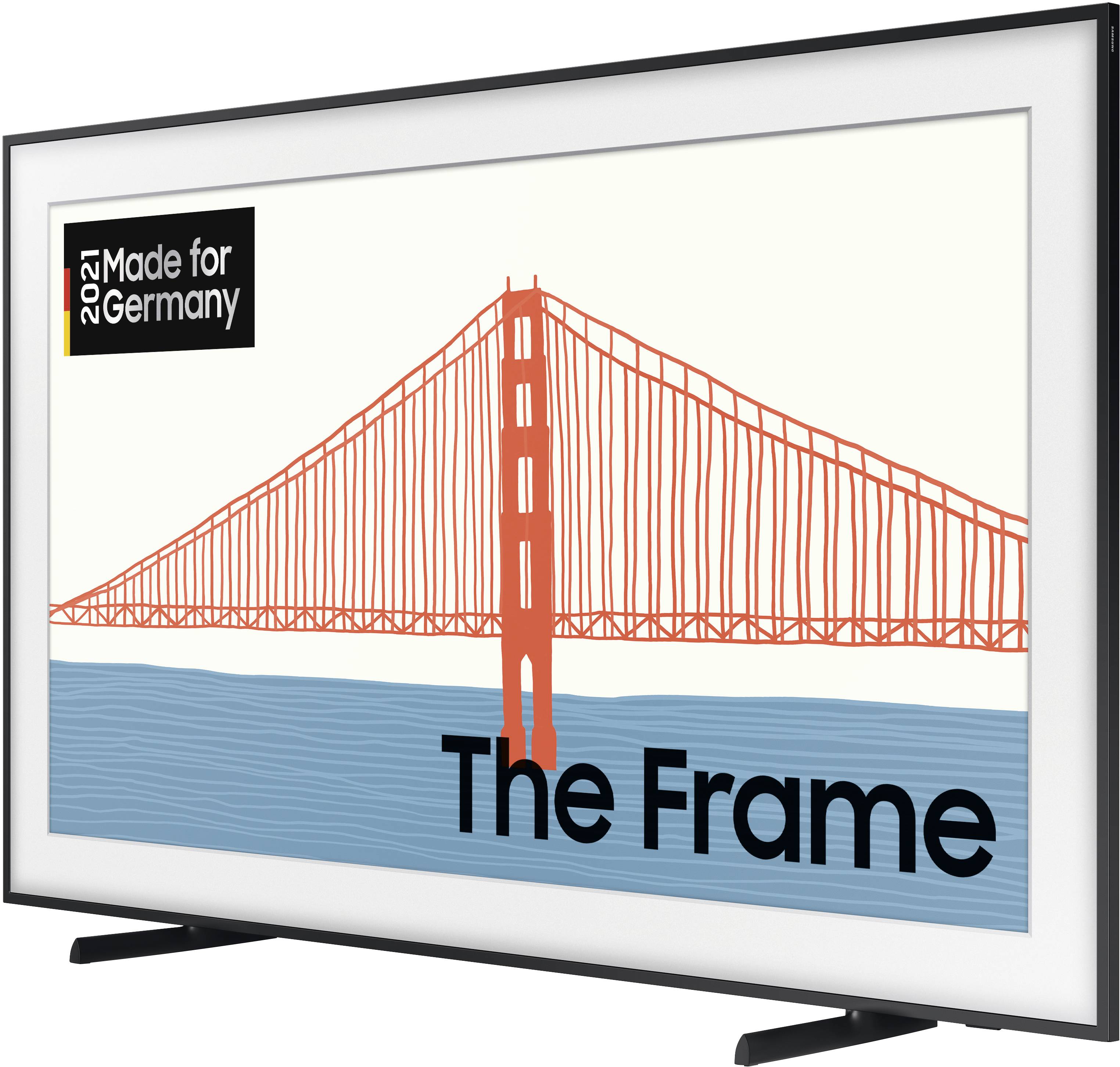 Un televisore con un'immagine di un motivo a ponte rosso su uno sfondo blu. In alto a sinistra c'è scritto '2021 Made for Germany'.