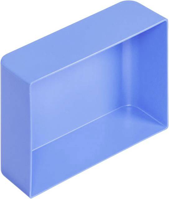 Un contenitore rettangolare in plastica di colore blu, privo di coperchio, presenta una superficie liscia e angoli arrotondati.