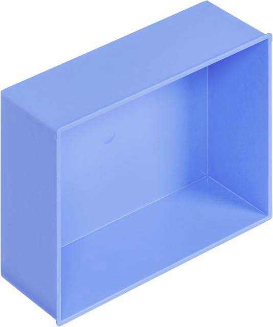 Un contenitore rettangolare vuoto di plastica blu, in prospettiva.