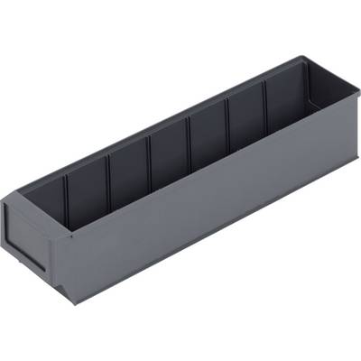 Contenitore rettangolare grigio in plastica con diversi scompartimenti interni, probabilmente destinato a conservare oggetti di piccole dimensioni.
