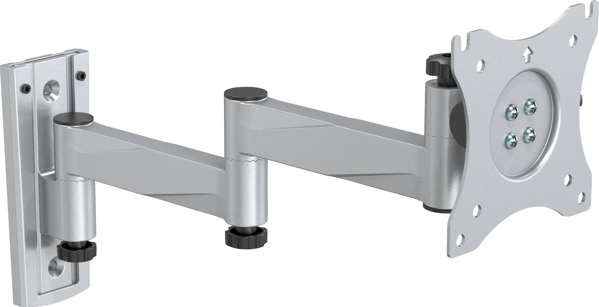 Supporto da parete regolabile in argento per monitor, adatto a schermi piatti. Sistema articolato ruotabile e inclinabile per il posizionamento.