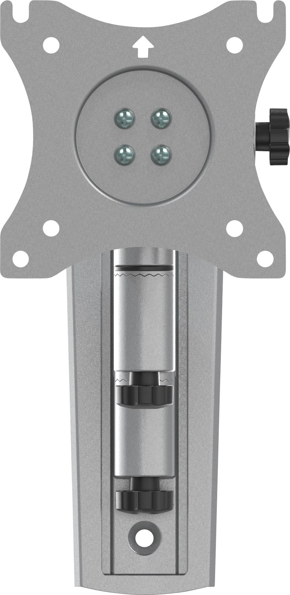 Un supporto in finitura metallica con diversi fori per viti, una parte centrale rotonda con quattro punti blu e un manico verticale con scanalature.