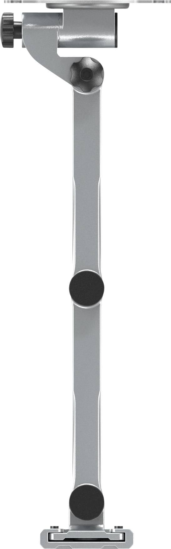 Supporto monitor metallico con snodi regolabili, orientato verticalmente. Ideale per un posizionamento flessibile dello schermo.