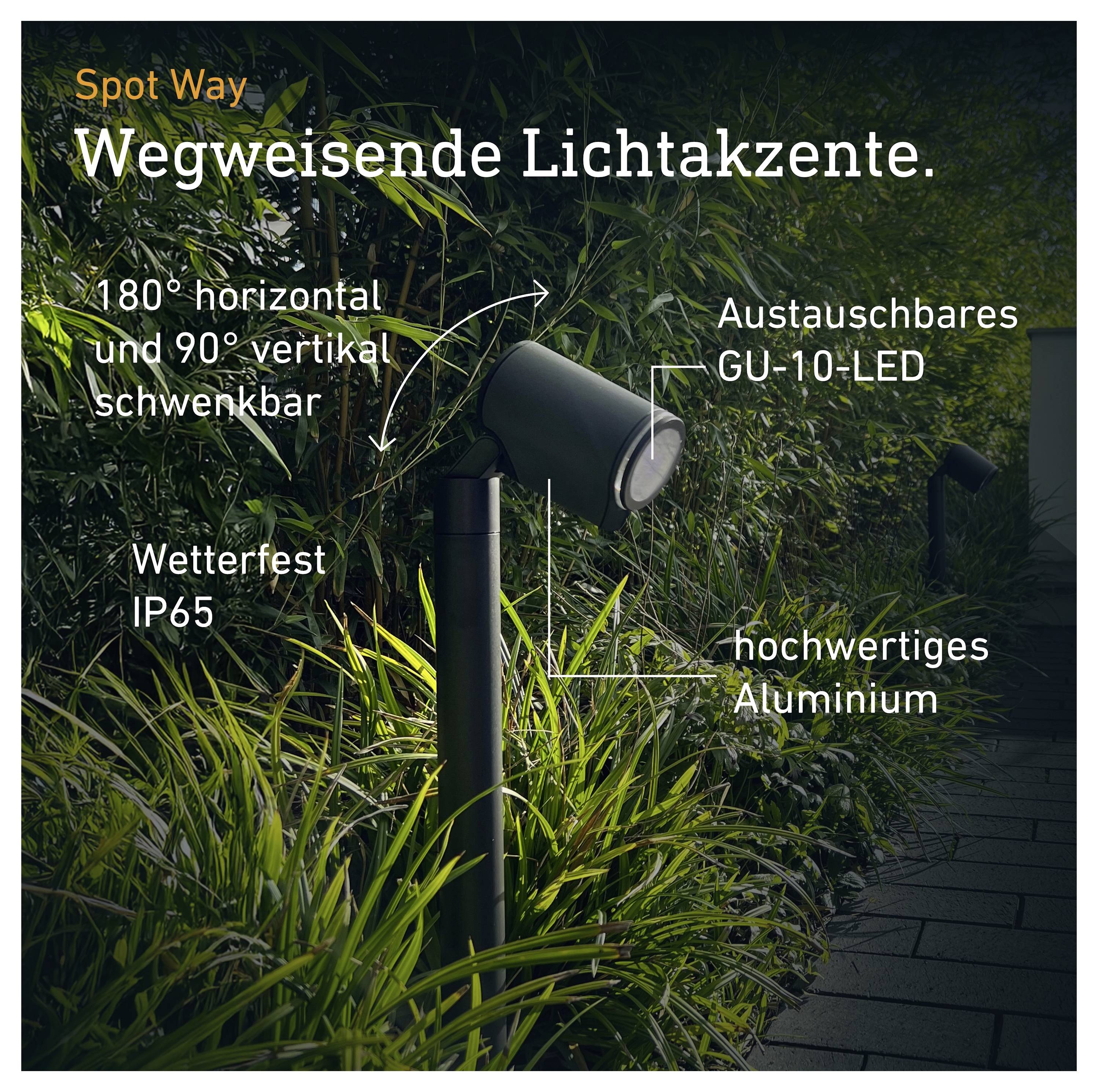 Faretto da giardino Spot Way; orientabile di 180° in orizzontale e 90° in verticale, impermeabile IP65, LED GU-10 sostituibile, alluminio.