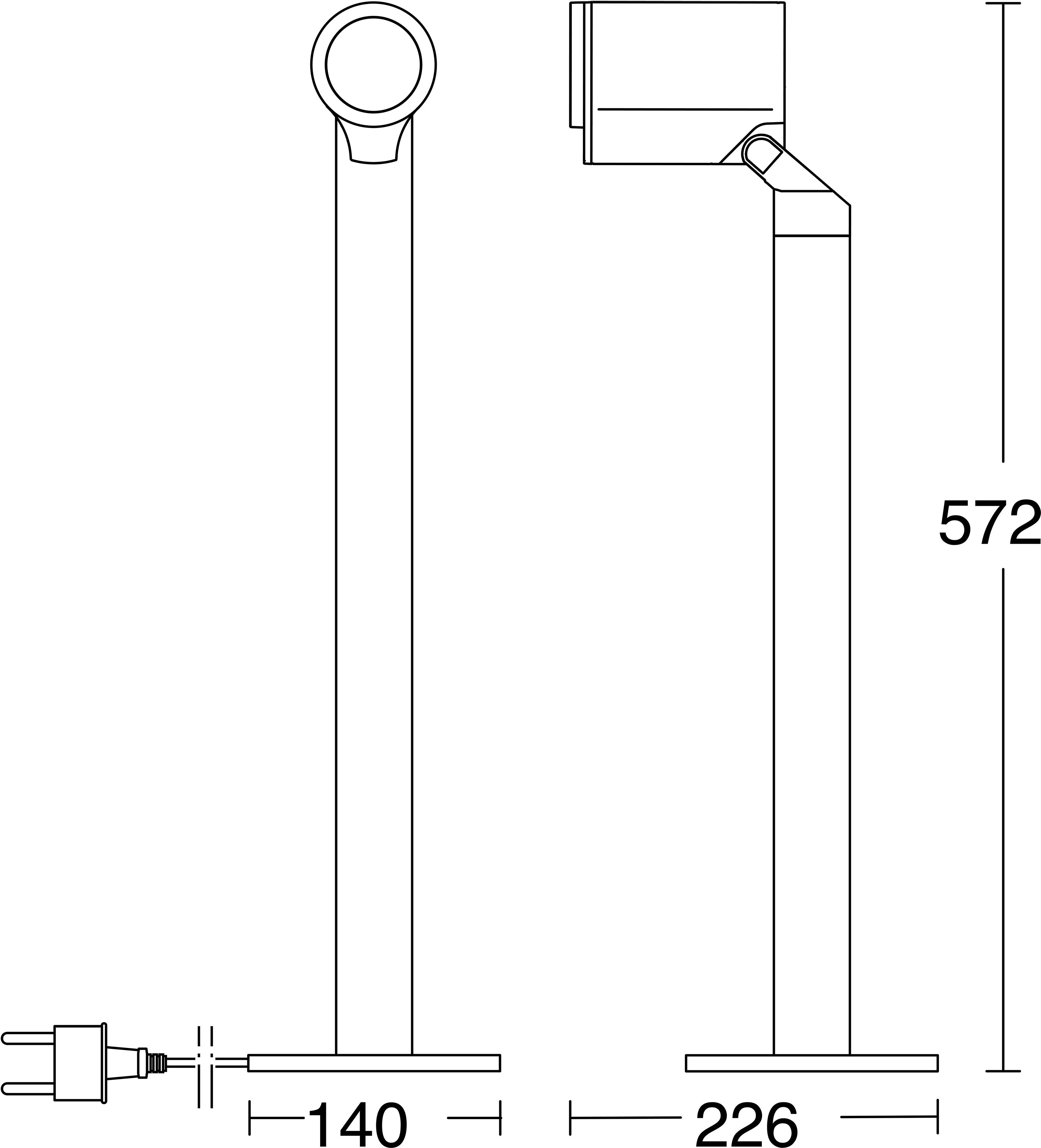 Disegno tecnico di una lampada da parete montata su muro con due bracci verticali, mostrando le dimensioni 572, 140 e 226.