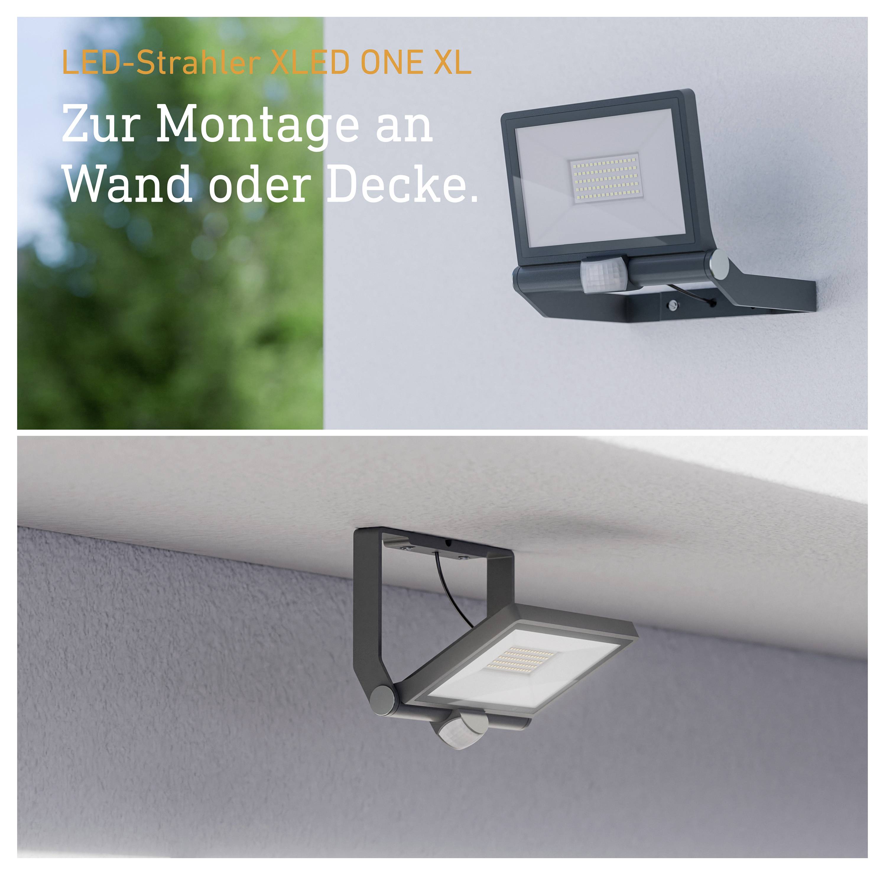 Immagine pubblicitaria per il riflettore LED XLED ONE XL: montaggio a parete o soffitto, mostrato in due viste di esempio.