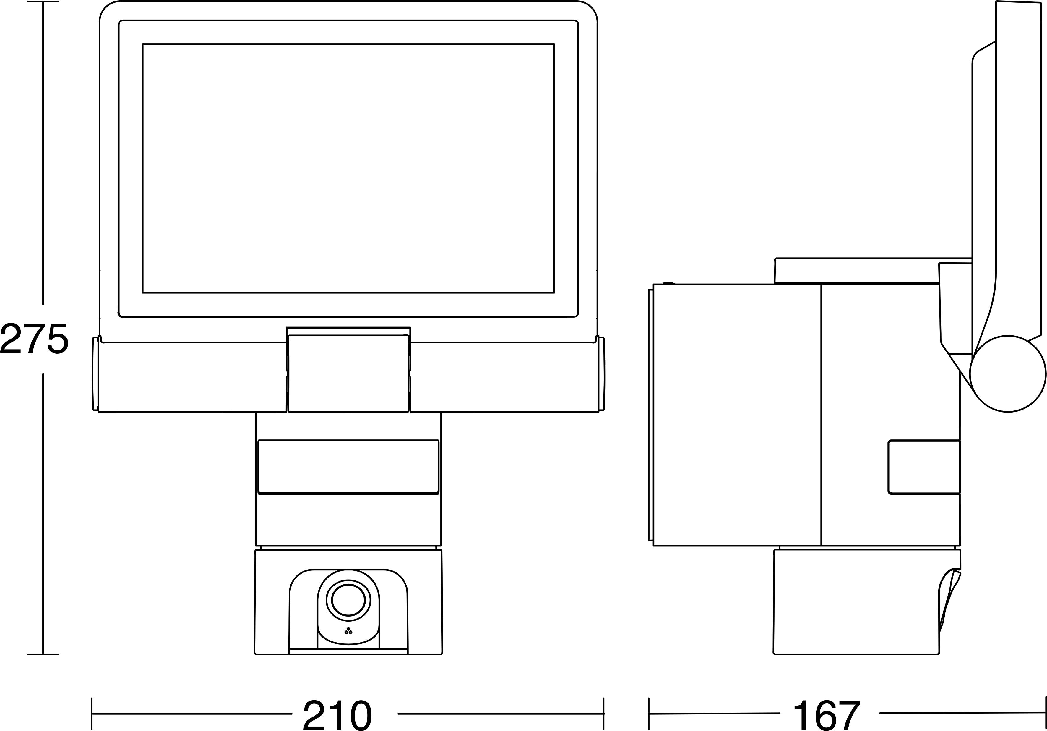 Disegno tecnico di un display montato o monitor, mostrato nelle viste frontale e laterale con dimensioni 275, 210 e 167.