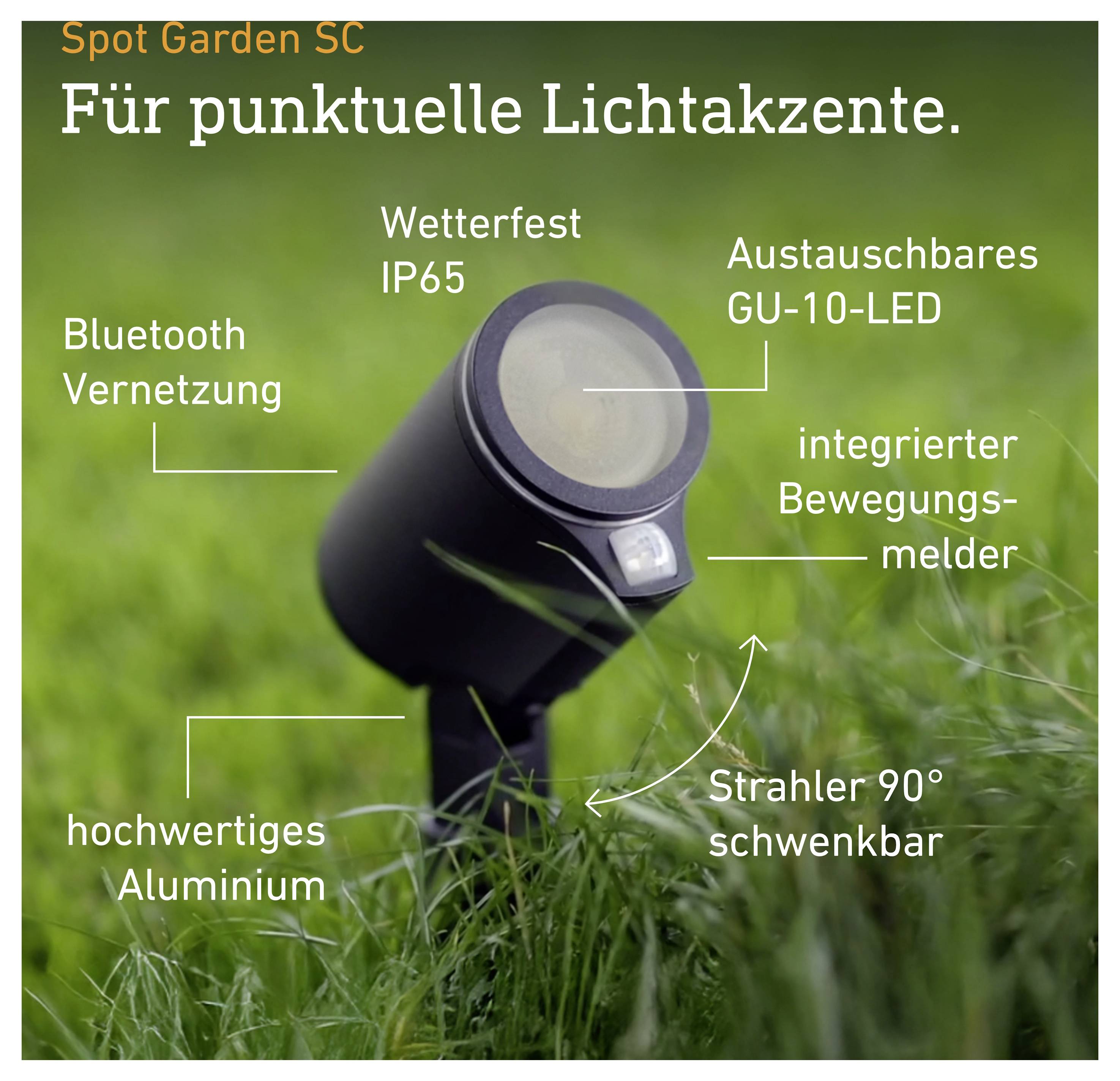 Immagine pubblicitaria di un riflettore da giardino nero nell'erba con caratteristiche: Bluetooth, impermeabile IP65, LED GU-10 sostituibili, sensore di movimento, orientabile a 90°.