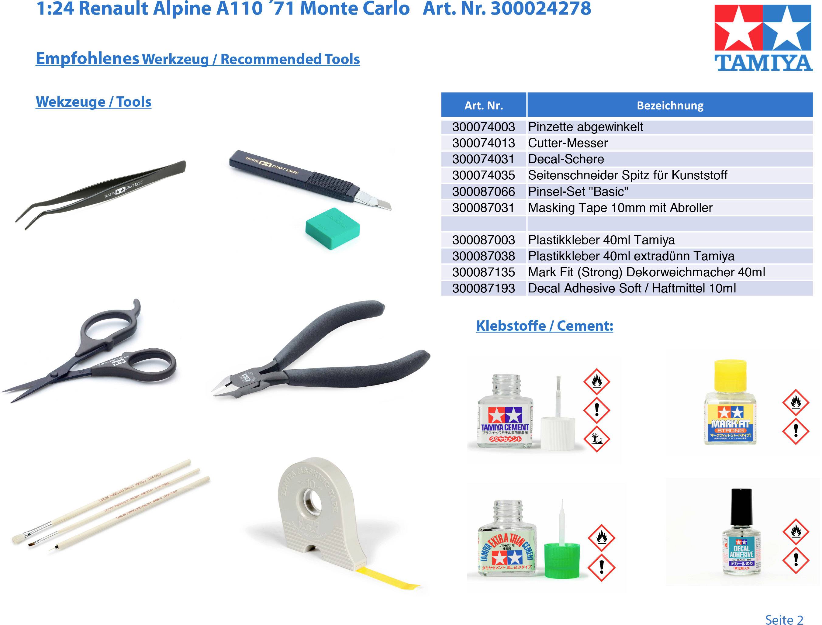Questa è una guida per il kit di modellismo Tamiya Renault Alpine A110. Mostra gli strumenti e gli adesivi consigliati con i relativi numeri di ordinazione.