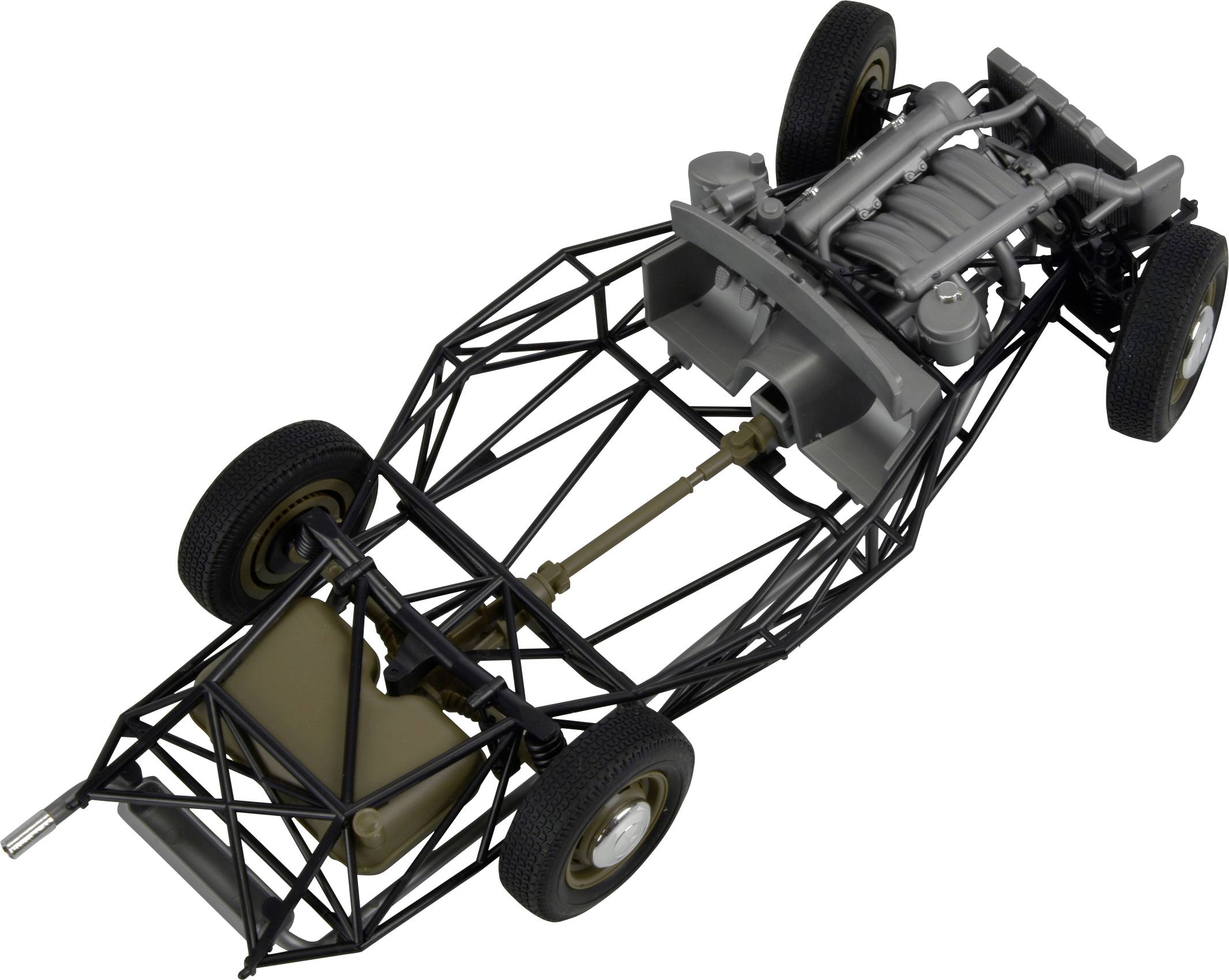 Un telaio aperto di un'automobile con struttura, motore e sospensioni a vista. Utilizzato per illustrare la tecnologia dei veicoli.