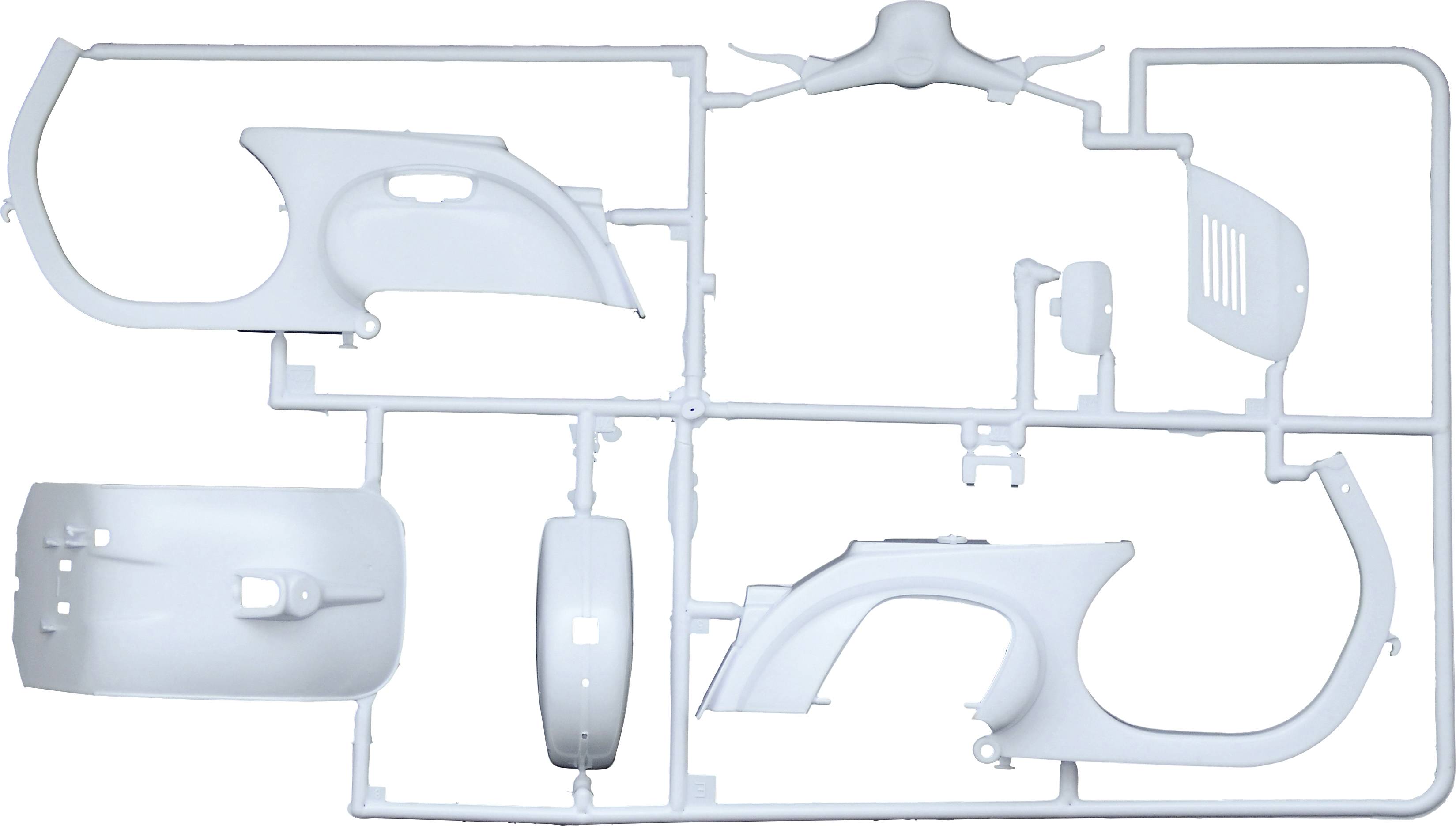 Componenti di un kit di modellismo in plastica su un telaio di iniezione. Il set contiene vari componenti, probabilmente per un modello di veicolo.