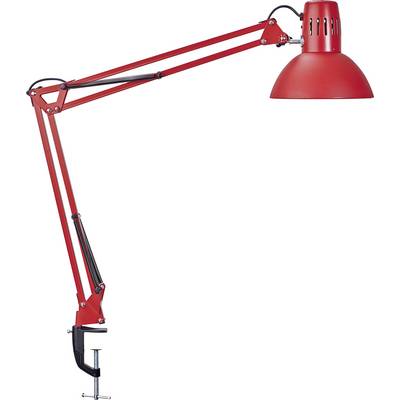 Lampada da scrivania rossa con braccio lungo regolabile e morsetto per il fissaggio al tavolo.