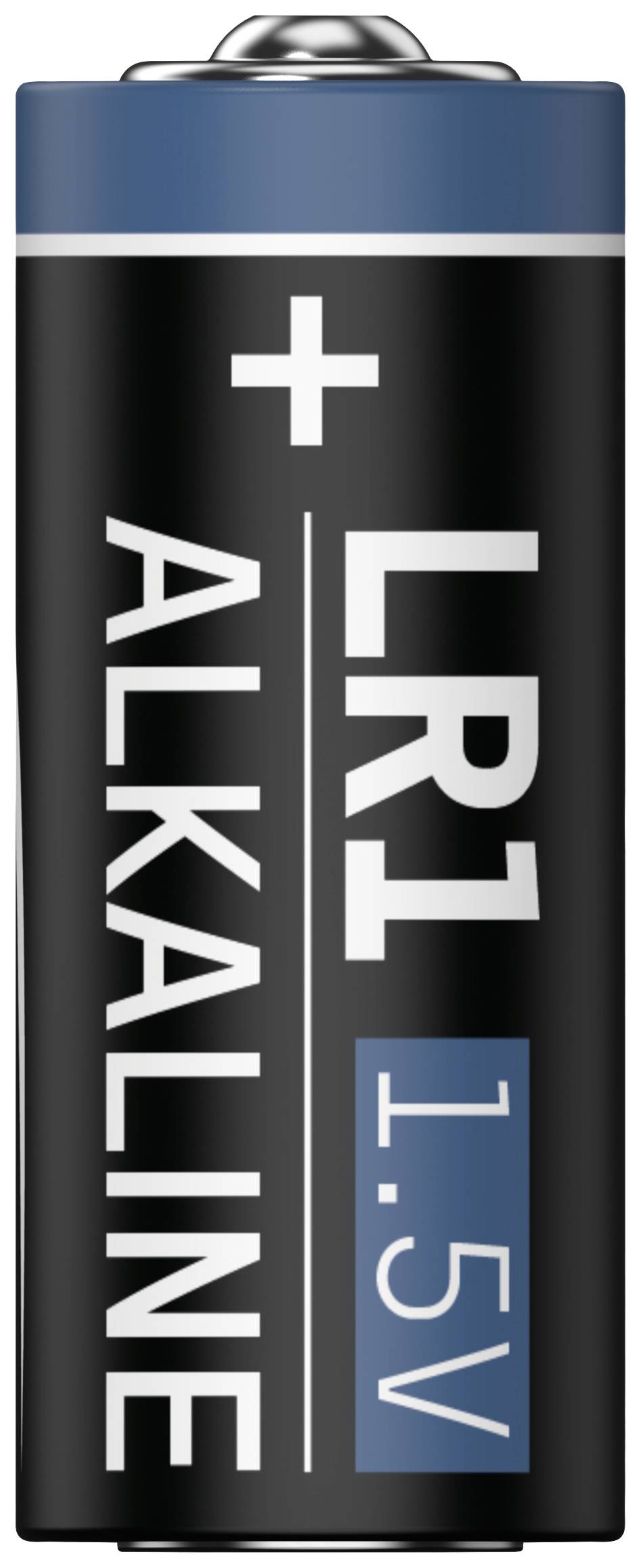 'Batteria alcalina 1,5V LR1, involucro nero con striscia blu in alto, polo positivo in alto.'
