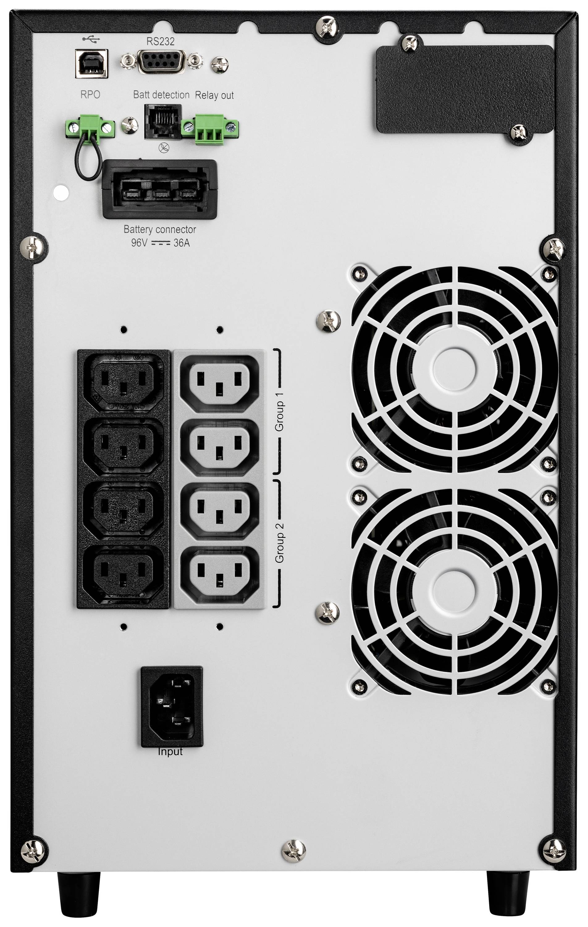 Retro di un dispositivo elettronico con più ventole, prese e connettori. I componenti principali sono visibili, ma non etichettati.