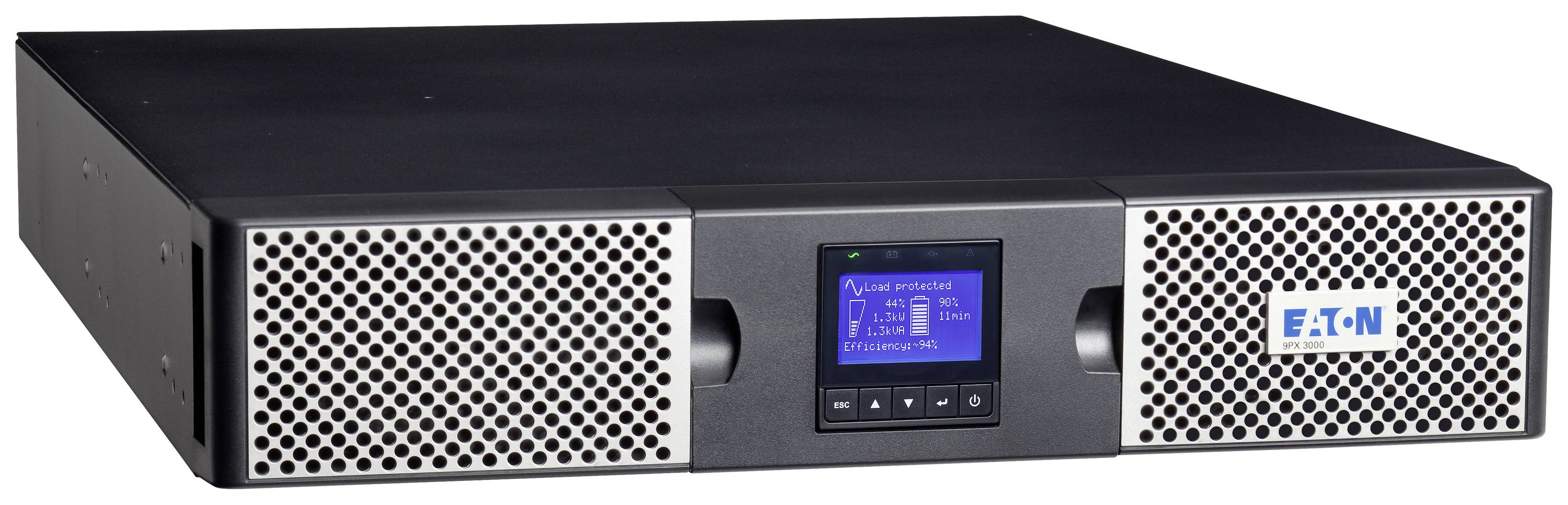 Un dispositivo nero e rettangolare, presumibilmente un sistema UPS, con griglie di ventilazione e un display digitale al centro.