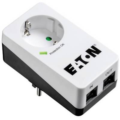 Presa elettrica con protezione da sovratensione, logo 'EATON', luce verde che indica 'Protezione OK', ingressi e uscite LAN sul lato.