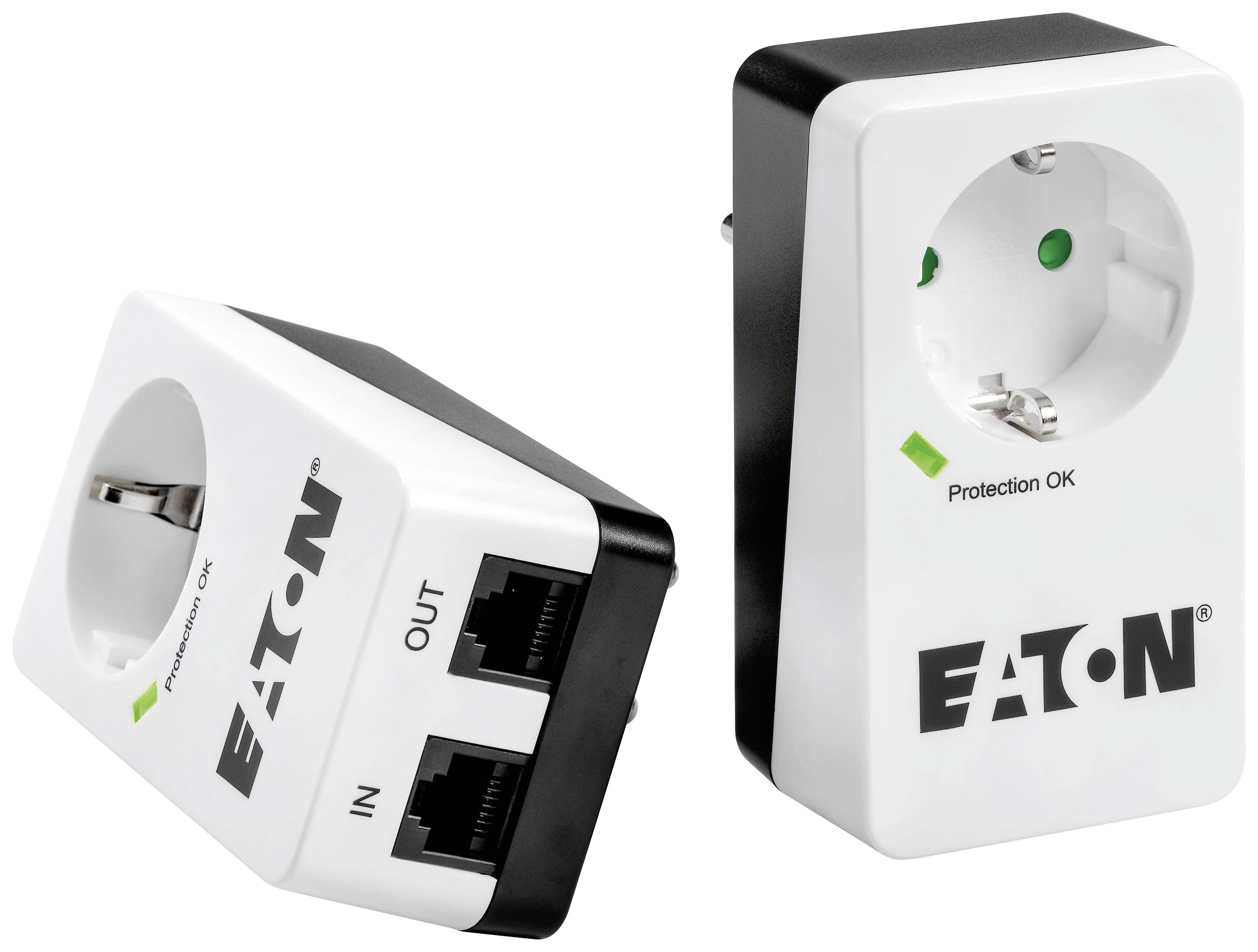 Due adattatori per prese di corrente con protezione di Eaton, uno che mostra i connettori 'IN' e 'OUT', l'altro la parte anteriore con la scritta 'Protection OK'.