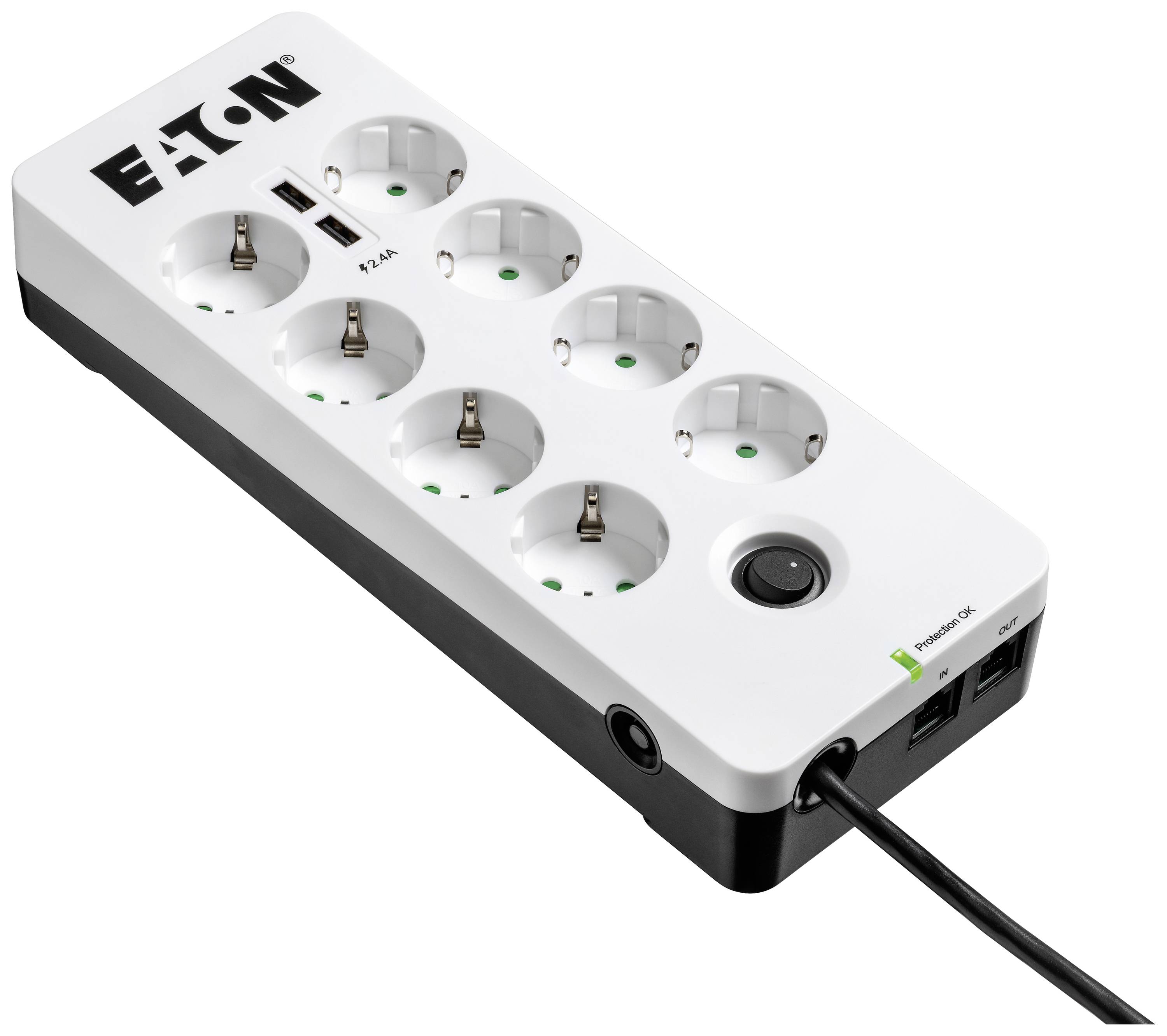 Multipresa a sei prese con porte USB e interruttore on/off. Cavo posto all'estremità della ciabatta, adatta per ufficio o casa.