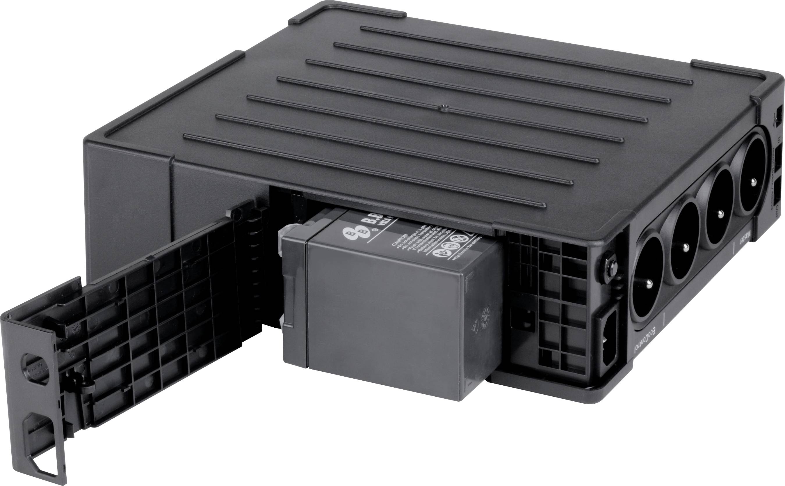 Un'unità di sicurezza per batterie UPS nera con un pacchetto batteria estraibile visibile e diverse prese elettriche sul lato destro.