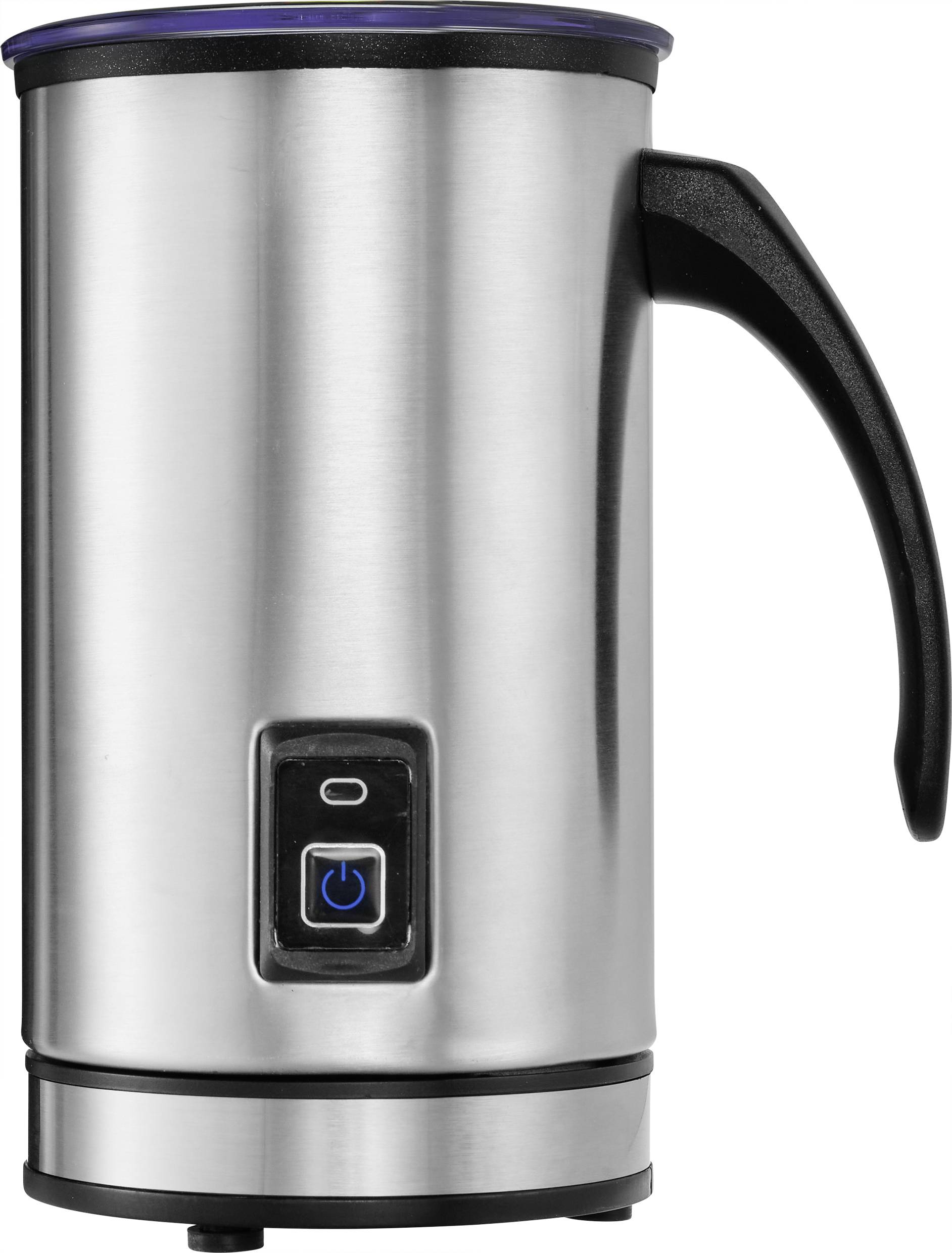 Montalatte elettrico in acciaio inox con manico nero e interruttore on/off sul lato frontale.