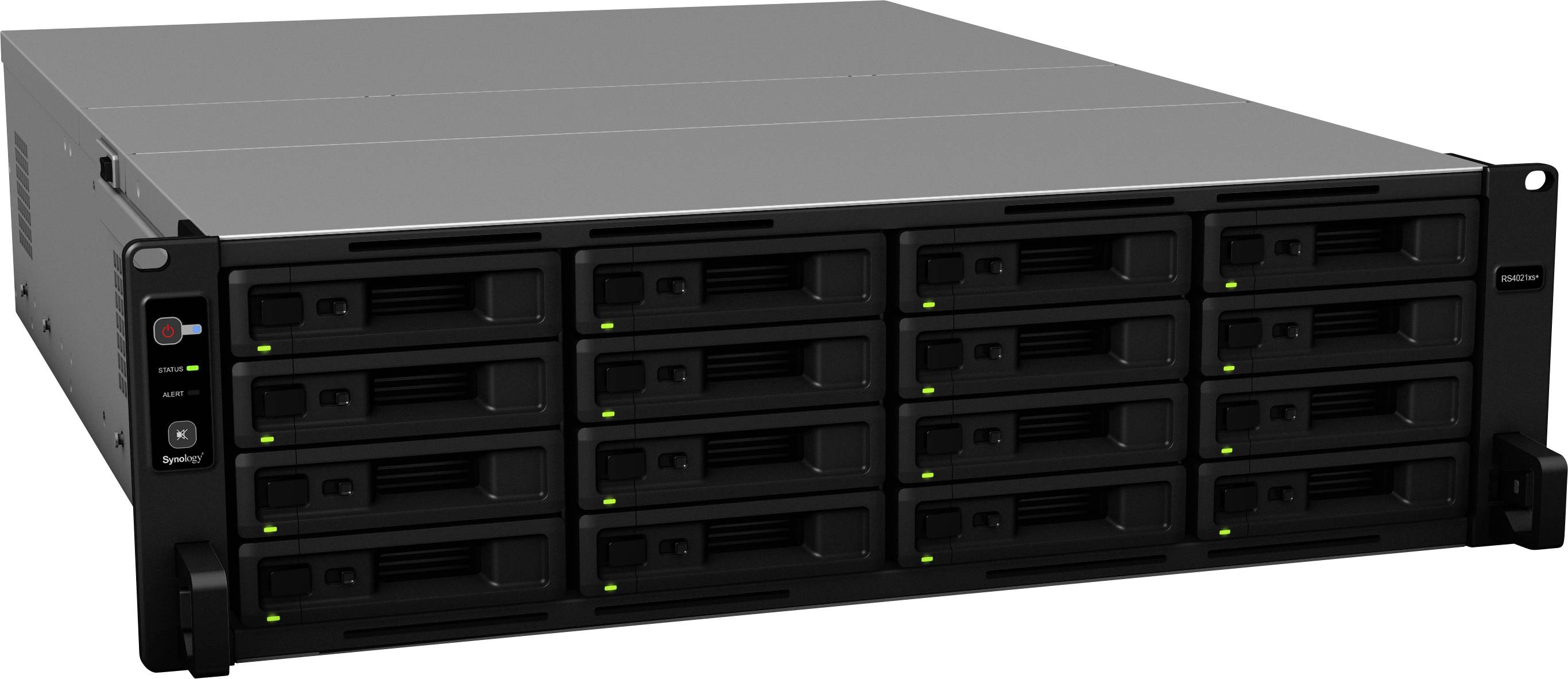 Un server moderno con sedici vani, tutti attivi con luci verdi. Adatto per l'elaborazione e l'archiviazione di grandi quantità di dati.