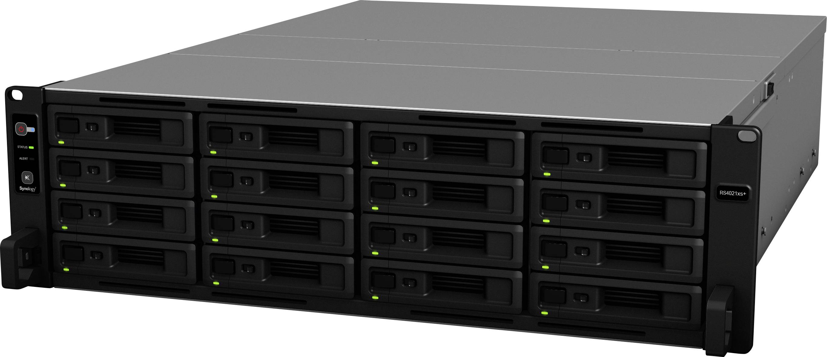 Un server nero con sedici vani per unità e indicatori di stato verdi che brillano.