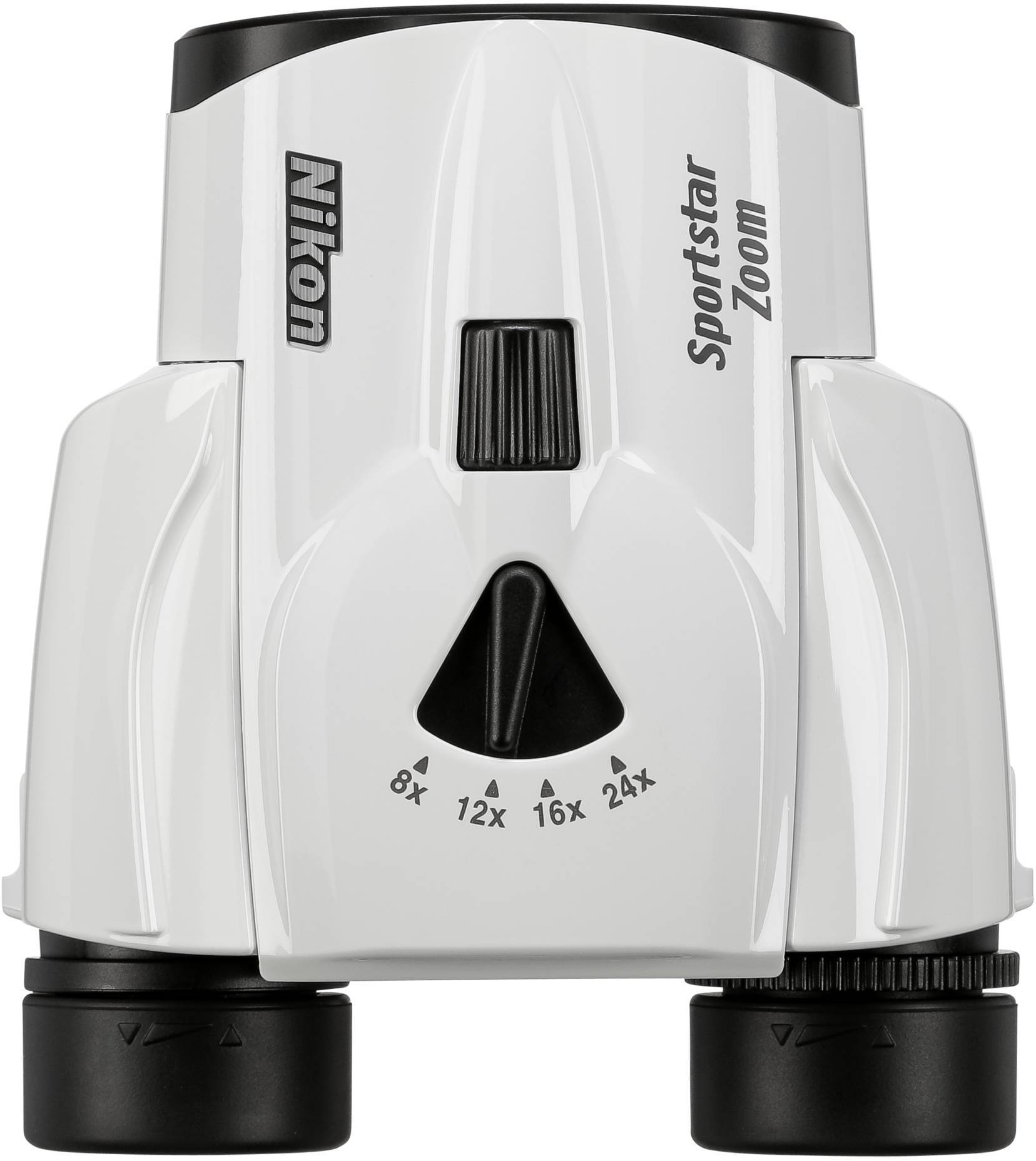 Binocolo Nikon Sportstar Zoom, bianco, vista frontale. Mostra le impostazioni dello zoom: 8x, 12x, 16x, 24x.