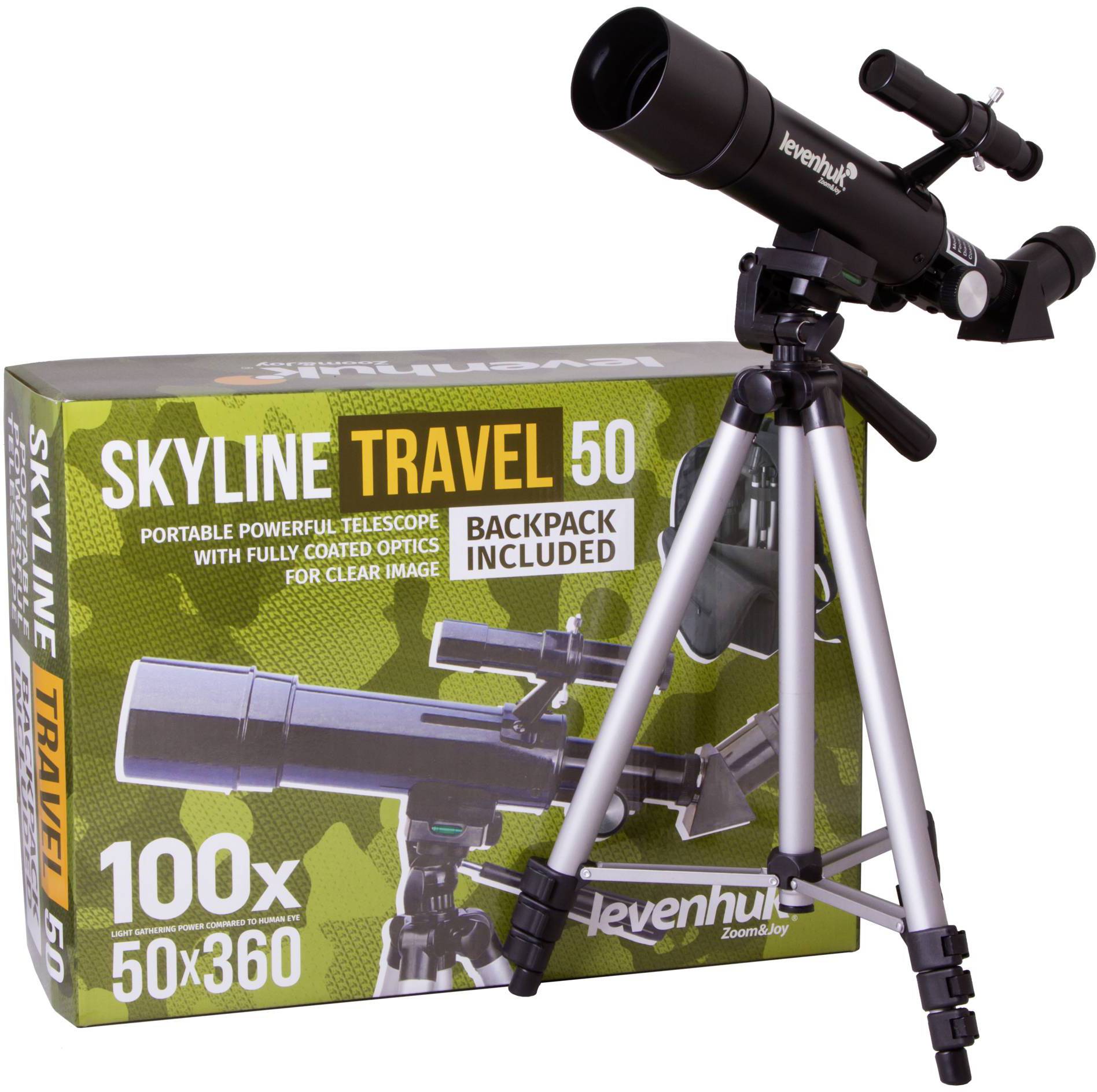 Telescopio portatile 'Skyline Travel 50' accanto alla confezione. Ideale per l'osservazione con treppiede e zaino. Ingrandimento 100x.