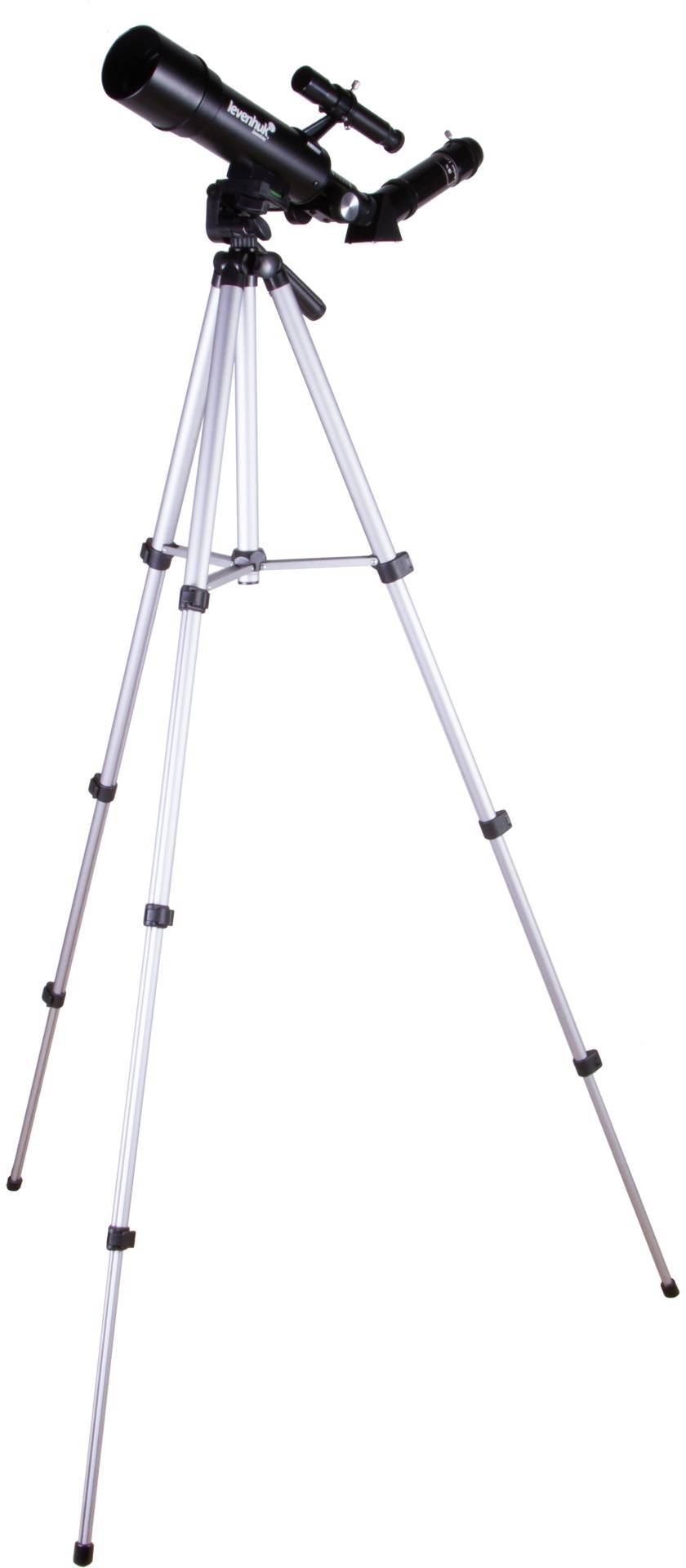 Un telescopio nero su un treppiede argentato, pronto per osservare il cielo. Ideale per gli appassionati di astronomia.
