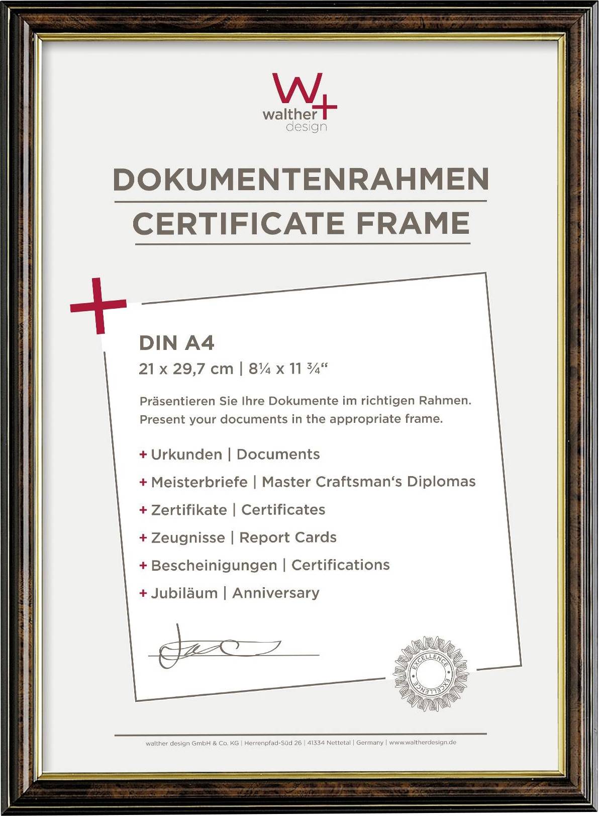 'Cornice per documenti per atti, diplomi e certificati in formato DIN A4, 21 x 29,7 cm. Adatta per anniversari e attestati.'