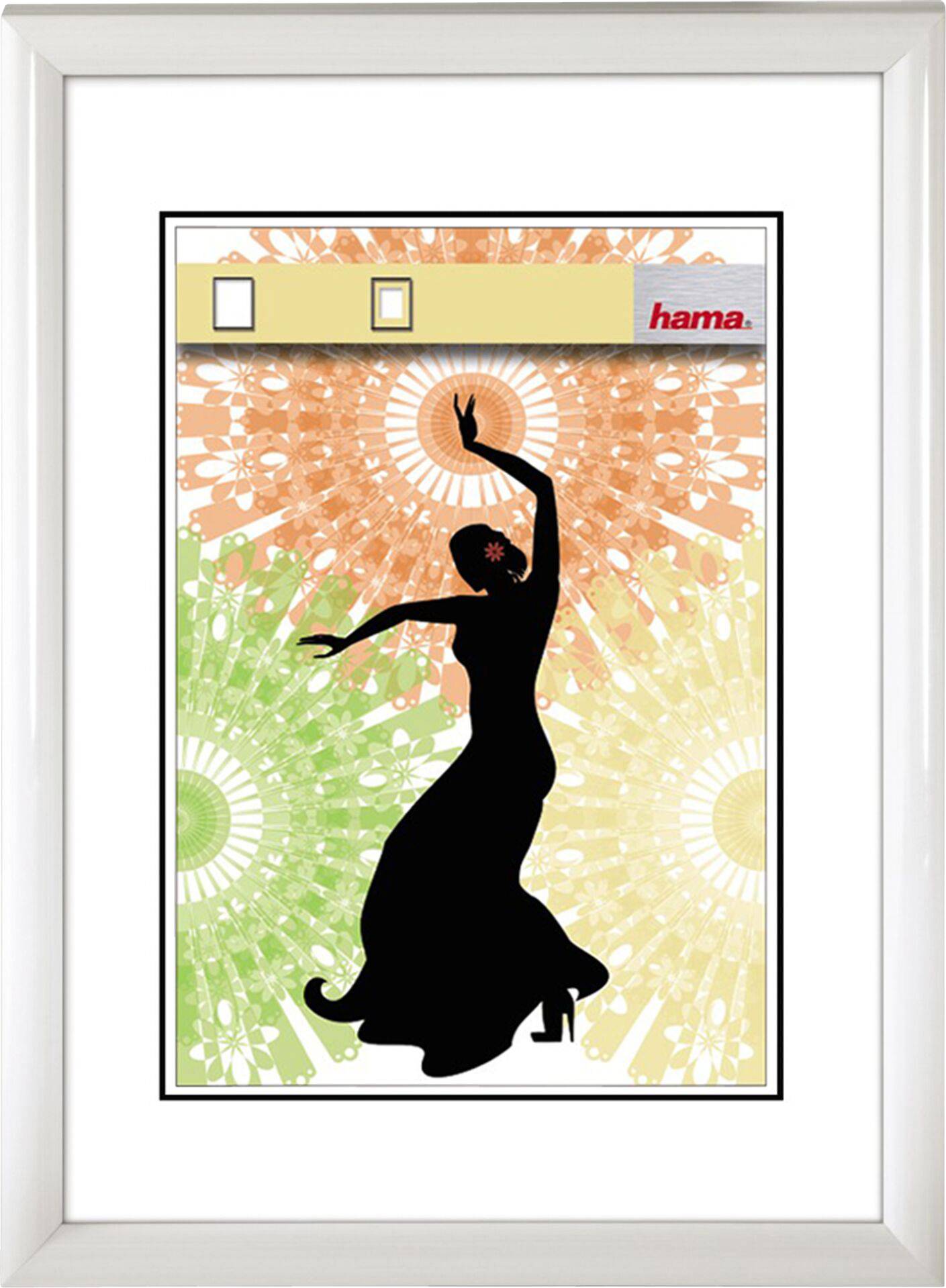 Sagoma nera di una ballerina di flamenco sullo sfondo a motivi variopinti in arancione e verde, incorniciata in bianco.