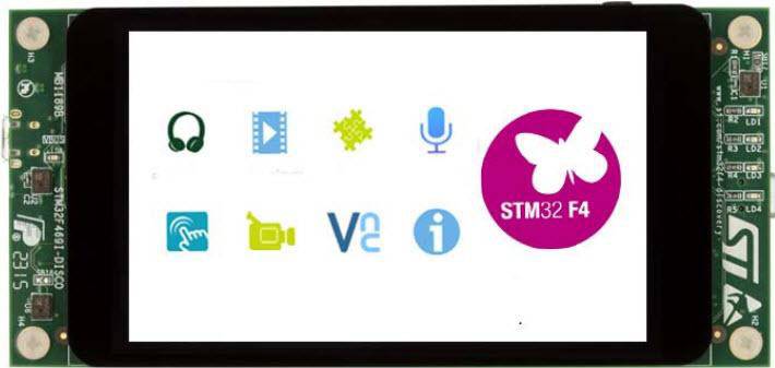 Scheda elettronica con display che mostra simboli per Audio, Video, Microfono e altro; logo centrale 'STM32 F4' in rosa.