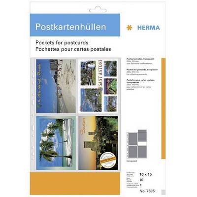 Confezione di buste per cartoline di Herma, mostra esempi di disposizioni di cartoline. Contiene 10 buste trasparenti per cartoline formato 10x15 cm.