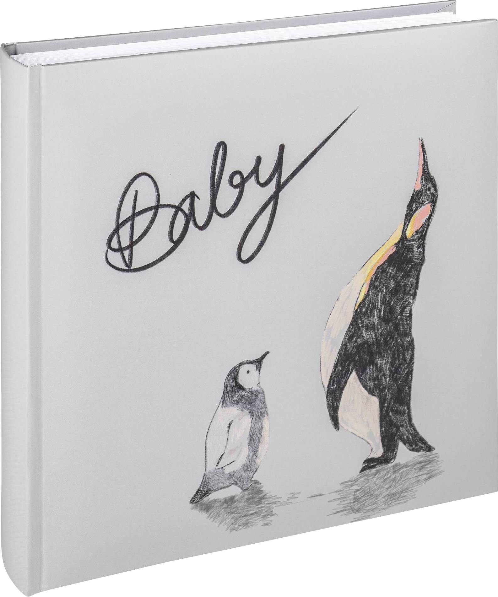 Un album fotografico con la scritta 'Baby' mostra due pinguini: uno grande che guarda a destra e uno piccolo che guarda a sinistra.