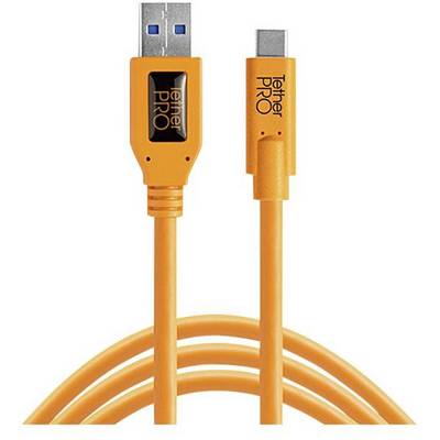 Cavo USB arancione con connettore USB standard sul lato sinistro e connettore USB-C sul lato destro, entrambi con logo 'Tether PRO'.